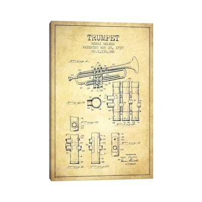 iCanvas "Trumpet Vintage Patent Blueprint" by Aged Pixel Canvas Print