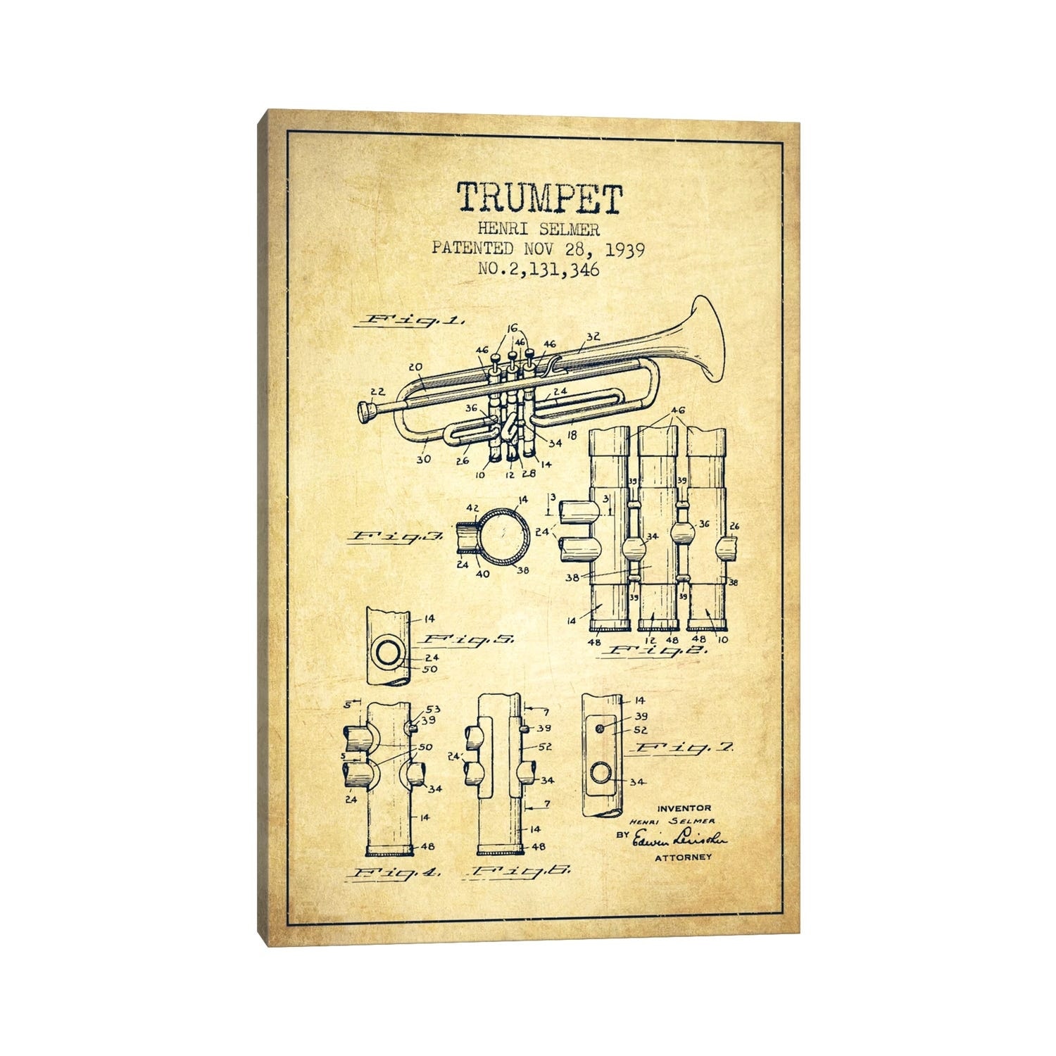 iCanvas "Trumpet Vintage Patent Blueprint" by Aged Pixel Canvas Print