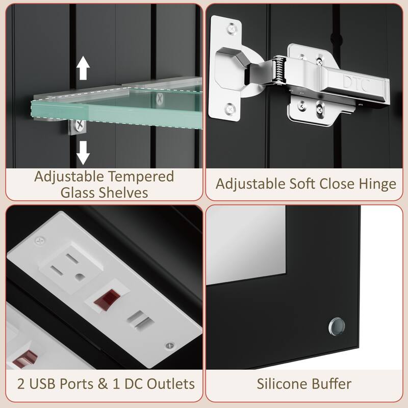 Grand Aluminum Medicine Cabinet with Mirror, Adjustable Shelves, Dimmable Light, Anti-Fog, Recessed or Wall Mount