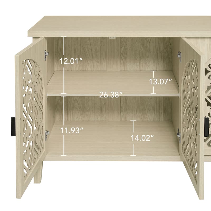 Symmetrical Carved Buffet, Storage Cabinet with Adjustable Shelves, Hollowed-out Accent Cabinet with Wood Feet