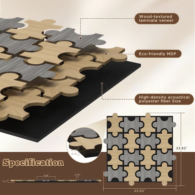 23.6" x 23.6" Puzzle Slat Acoustic Wall Panels for Ceiling and Wall Decor, 4-Pack (15 sq ft)