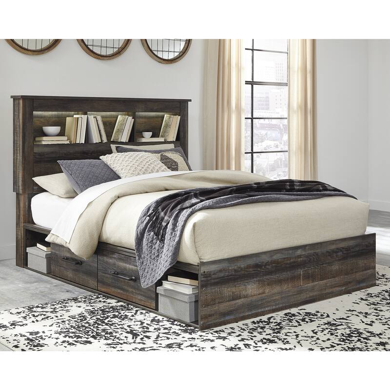 Drystan Rustic Brown Bookcase Bed with 2 Under Bed Storage Drawers