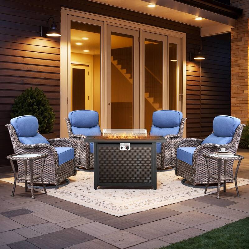 Pocassy Patio Furniture Set with 43 inch Fire Pit Table - Blue Cushion Brown Wicker - 7-Piece Fire Pit Table w/ Swivel Chair Table Set