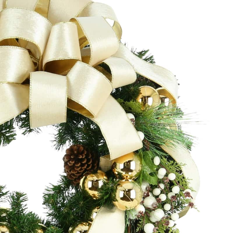 32 in Holiday Wreath With Berries and a Ribbon Bow - Green, Cream, Gold - 32Hx32Wx9D