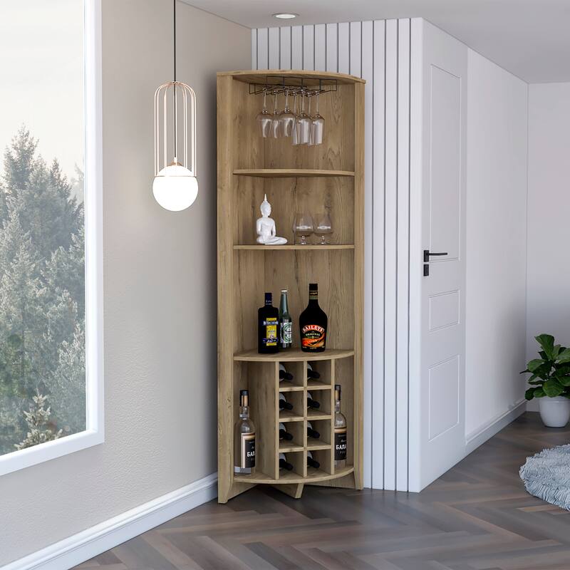 Modern Corner Bar Cabinet with 8 Built-In Wine Racks and 3 Shelves for Storage and Display