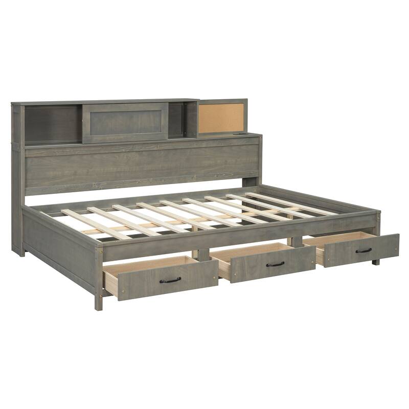 Full/Twin Size Built-in Storage Bed Versatile Wooden Daybed with 3 Drawers, Pushable Top Shelf, USB Ports and Power Outlets