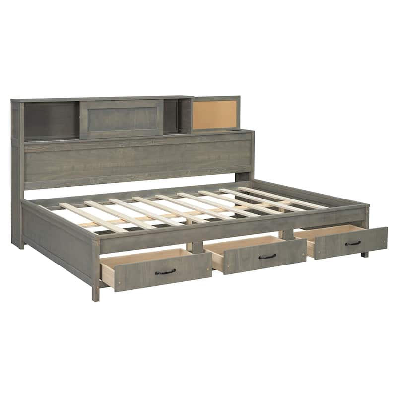 Roomfitters Full Size Wooden Daybed with Storage, USB Ports, Shelf and Soft Backrest Panel, Functional Frame