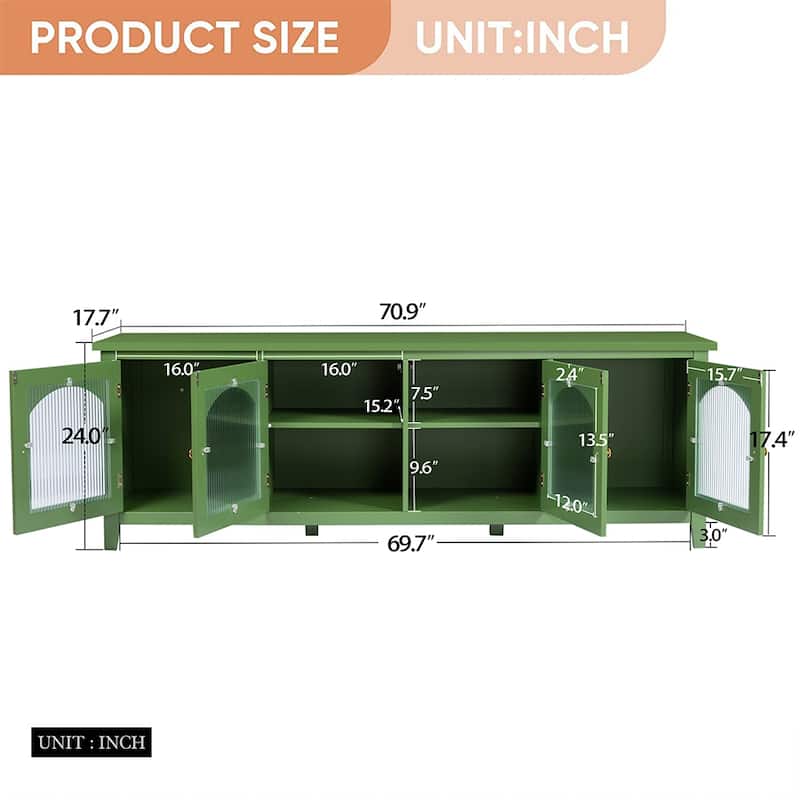 70.8"Modern Wood Large TV Stand Cabinet with 4 Doors, Glass Doors - 70.87L x 17.72W x 24.02Hinches