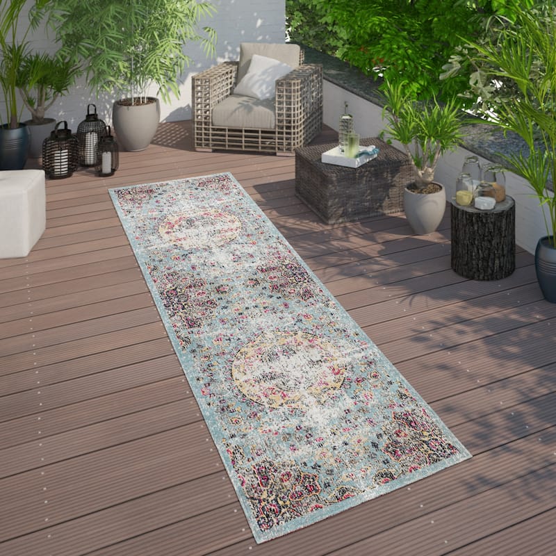 Indoor & Outdoor Rug Oriental Design in Turquoise Pink Yellow Pastel