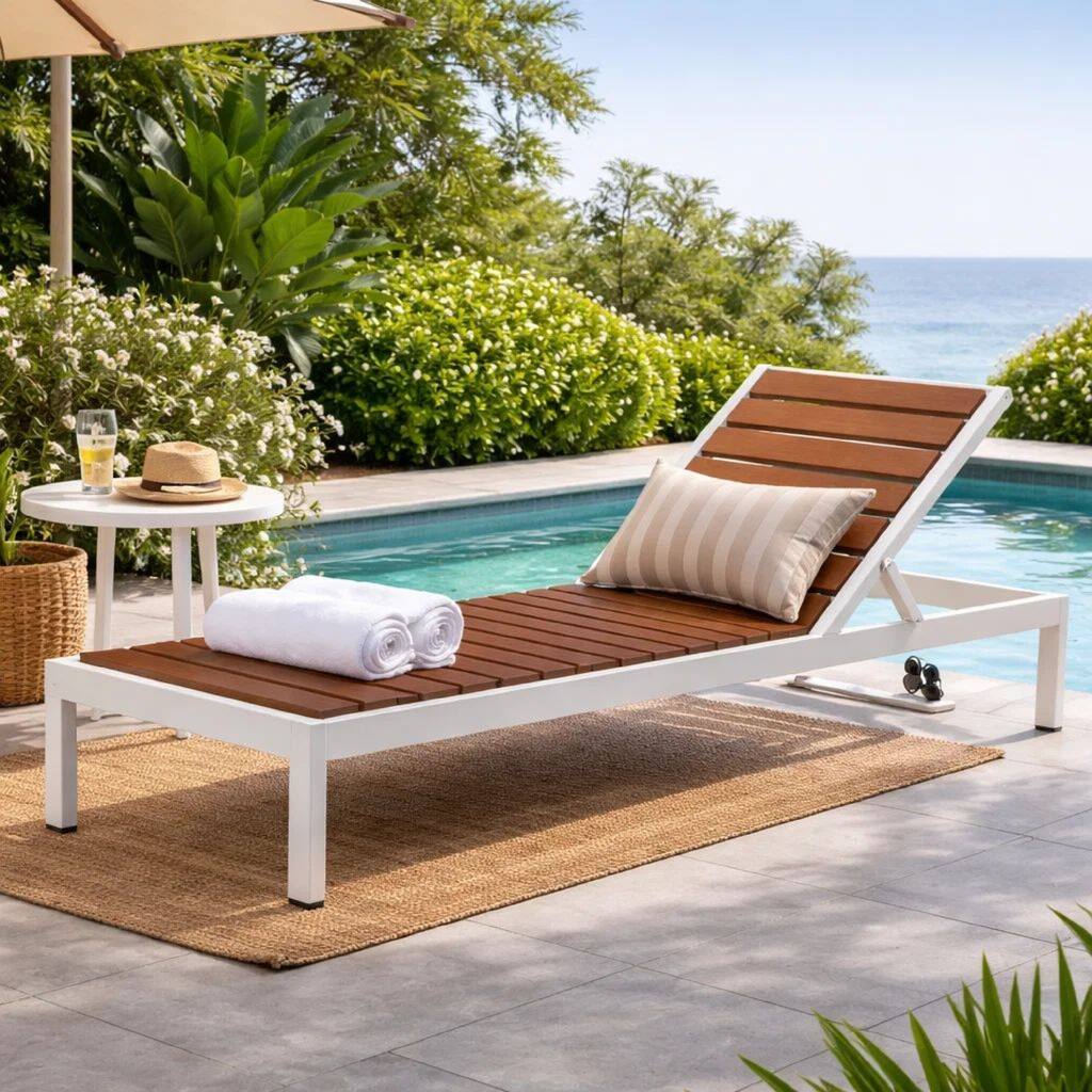 Josh 76 Inch Outdoor Chaise Lounger, White Aluminum Frame, Adjustable Back