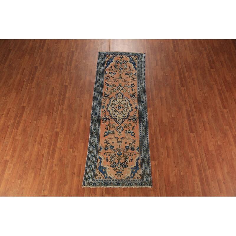 Orange Medallion Hamedan Persian Runner Rug Handmade Wool Carpet - 3'2"x 9'4"