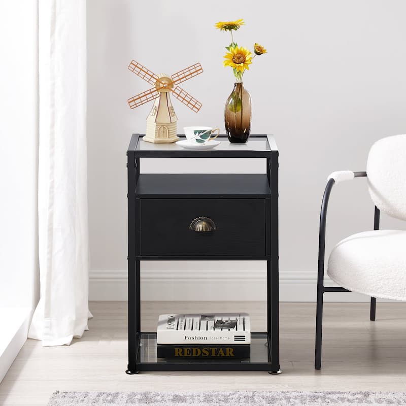 Modern 1-Drawer Nightstand with 2-tier Glass Shelves - Black