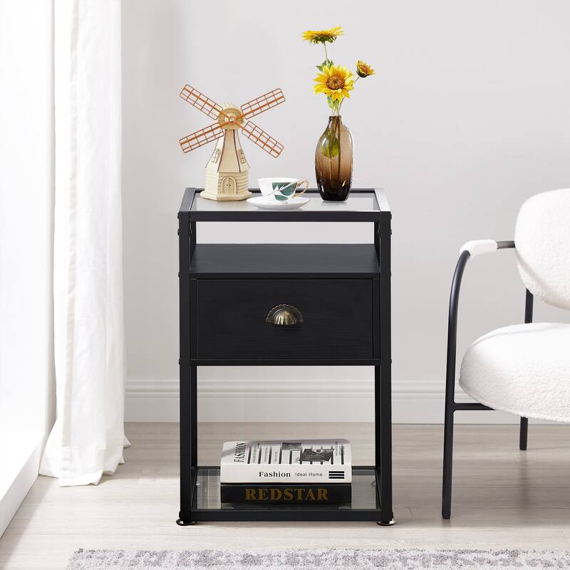 Nightstands for Small Spaces, Modern End Tables with Glass Top, Side Tables with Drawers