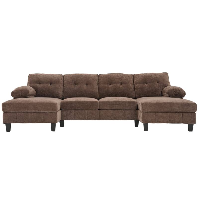 U-Shaped Modular Sectional Sofa with Dual Chaise Lounges, Chenille Fabric Cloud Couch with Storage Pockets & Armrest Pillows