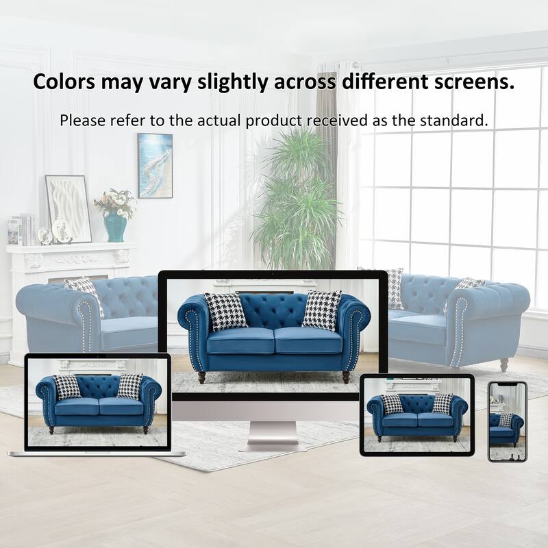 Roomfitters 65" Classic Chesterfield Upholstered Loveseat with Scrolled Arms & Nailhead Trim, Button Back Couch