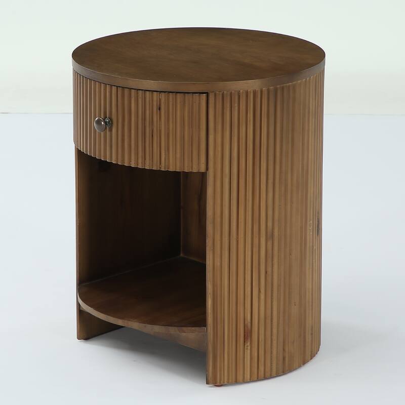 2-Tier Round End Table with Drawer, No Assembly Required, Wooden Beside Table, Circle Nightstand for Bedroom, Living Room