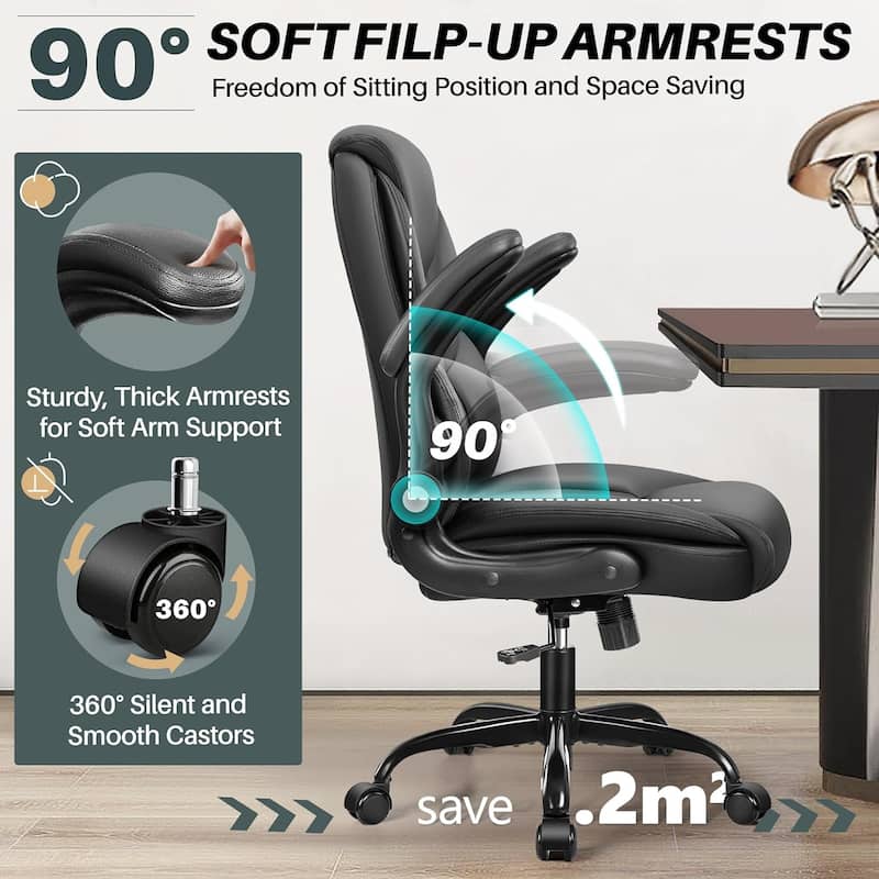 Ergonomic Computer Gaming Office Chair, Faux Leather Heavy Duty Task Desk Swivel Rolling Chairs, Flip-up Arms, Adjustable Height