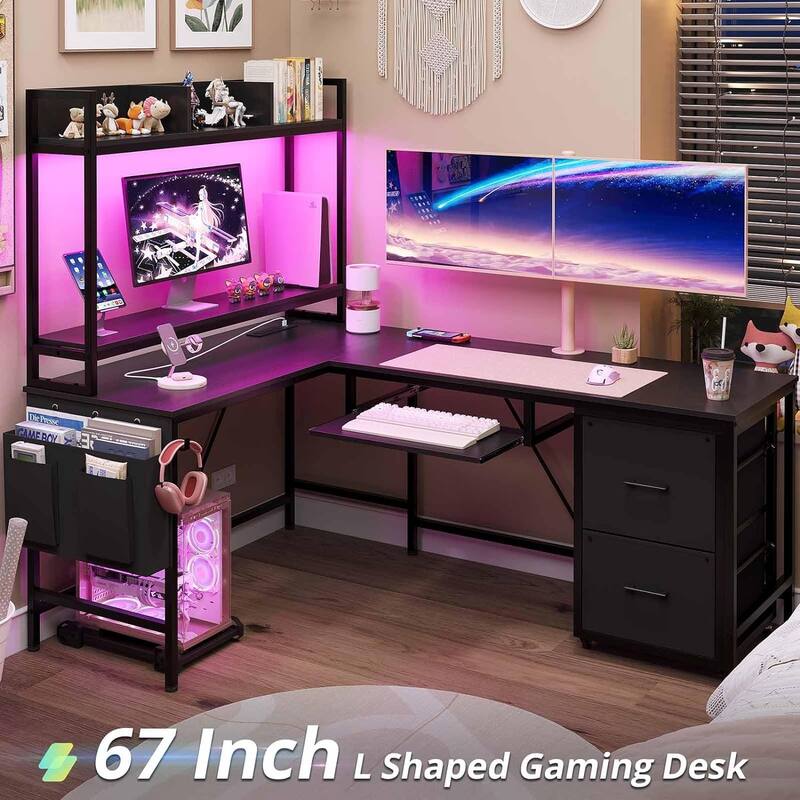 Reversible L Shaped Gaming Desk Power Outlet LED Light