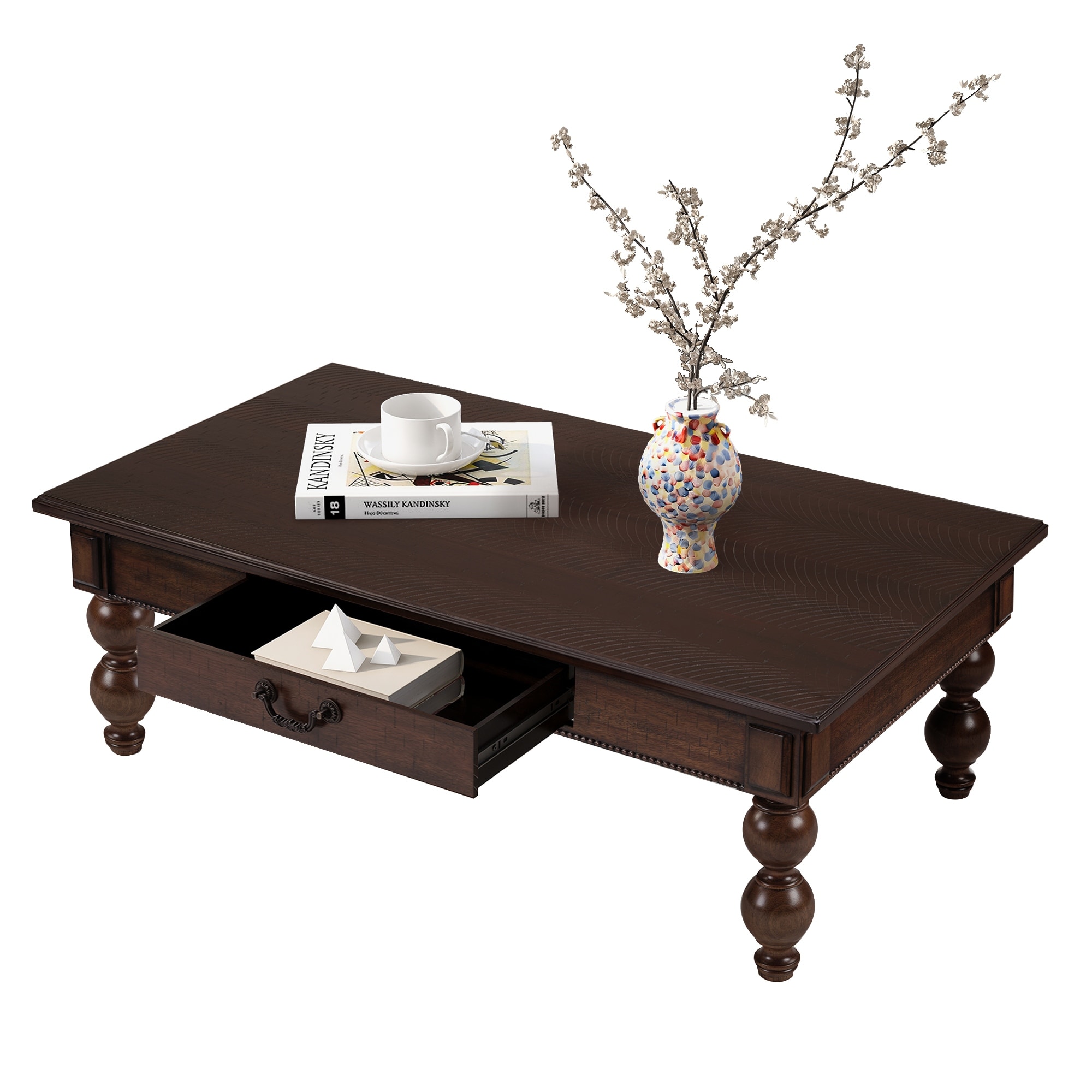 Rectangular Wooden Coffee Table with Storage Drawer, Vintage Cocktail Table with Solid Wood Gourd-Shaped Legs for Living Room
