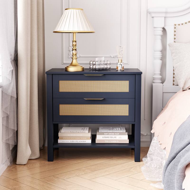 Rattan Nightstand with 2 Drawers and Storage Shelf Boho Bedside Narrow Side Table for Bedroom