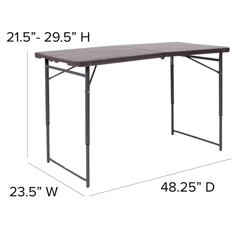 4-Foot Height Adjustable Bi-Fold Dark Gray Plastic Folding Table with Handle