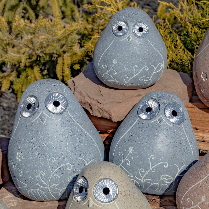 3 Piece Solar Rock Birds with Light up Eyes in Grey - Polyresin - Grey - Small