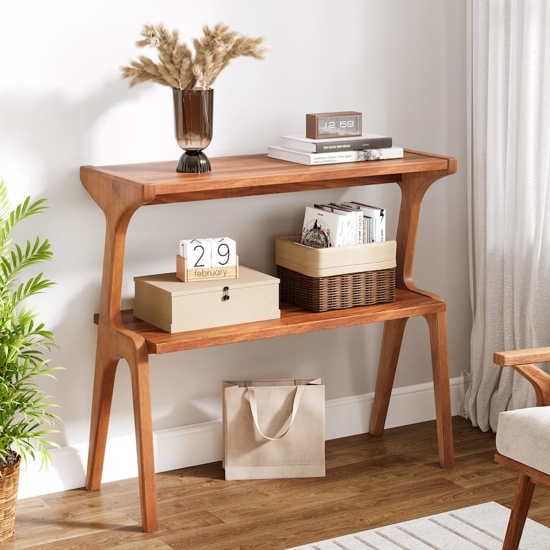 Wood 2-Tier Slim End Side Chairside Table for Living Room