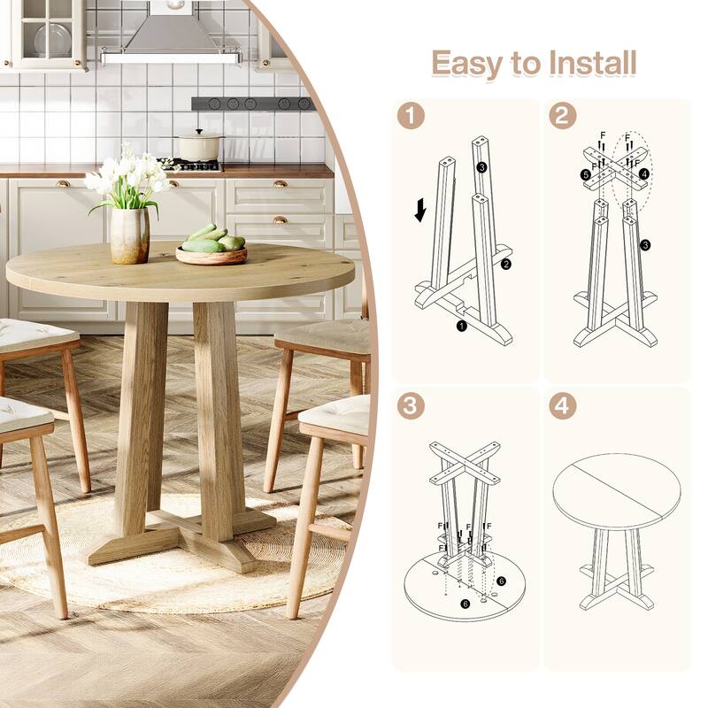 31.5” Round Dining Table Farmhouse Small Kitchen Table with Base - Natural Wood Color - N/A