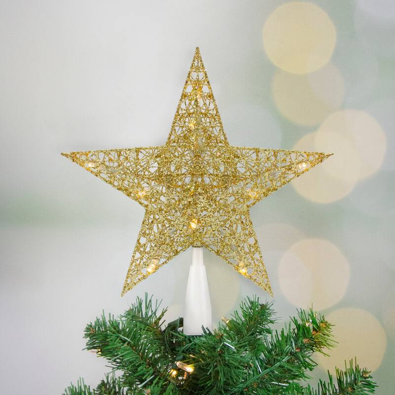 10" LED Gold Glittered Star Christmas Tree Topper, Warm White Lights