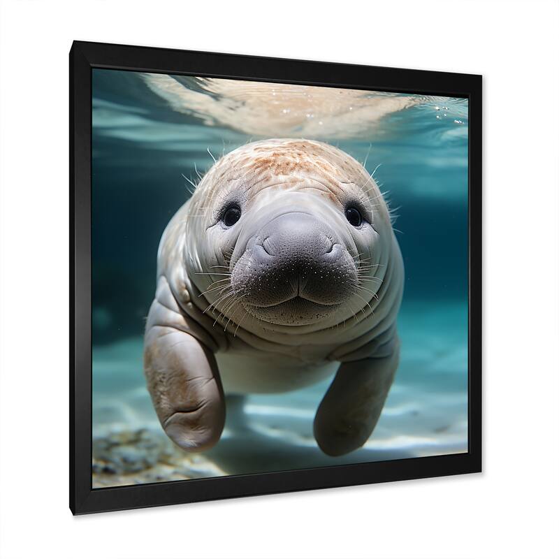 Designart "Curious Manatee Gaze III" Manatee Wall Decor Blue Modern Entryway Framed Wall Art