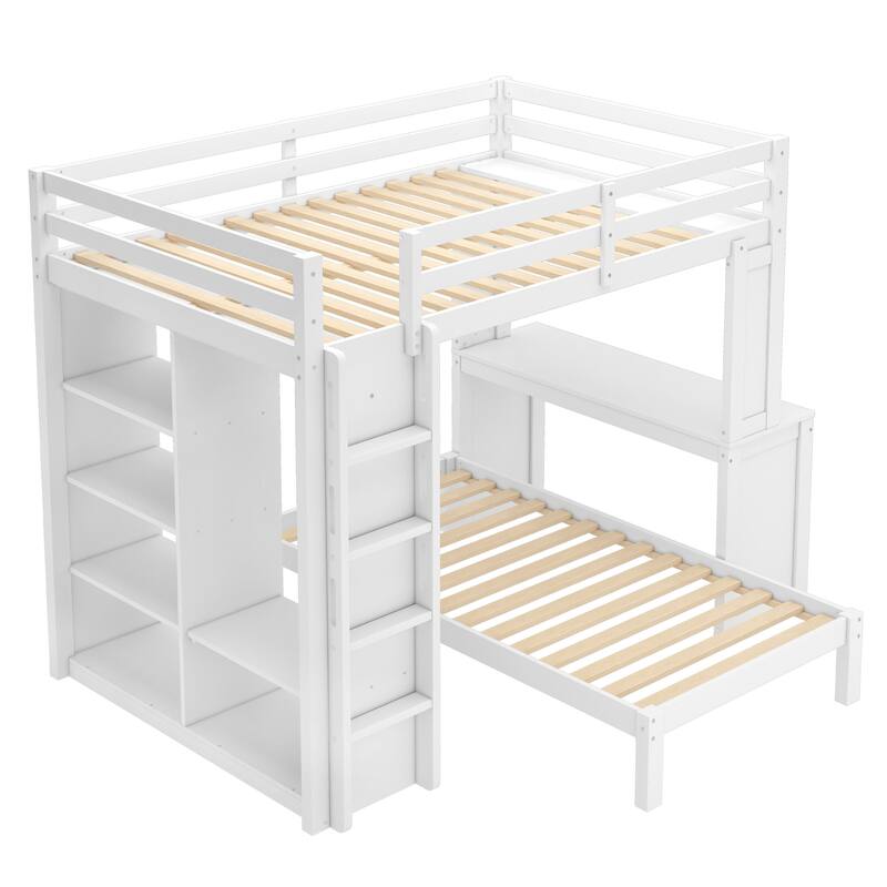 Full Over Twin Bunk Bed with Built-in Desk, Shelves and Wardrobe, Wood Bunk Bed Frame with Platform Bed and Loft Bed