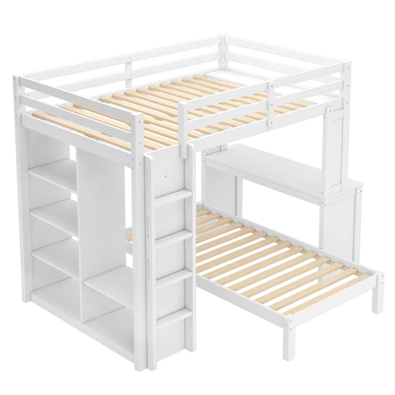 Solid Wood Full XL/Twin Bunk Bed with Dismountable Lower Bed, Built-in Desk, Shelves, and Wardrobe, Converts to Loft Bed, White