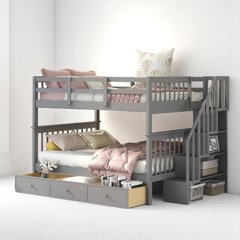 Full Over Full Bunk Bed with Storage Staircase and Shelves, Convertible Design, No Box Spring Needed,kid beds