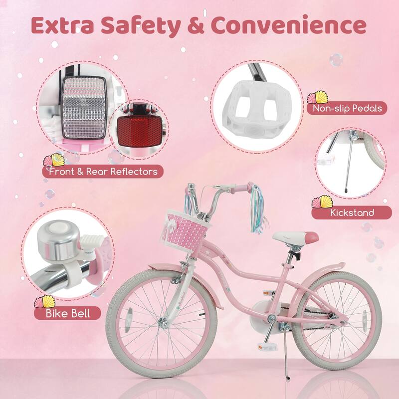 Gymax 20'' Girls Bike w/Removable Basket Streamers Hand Brake &
