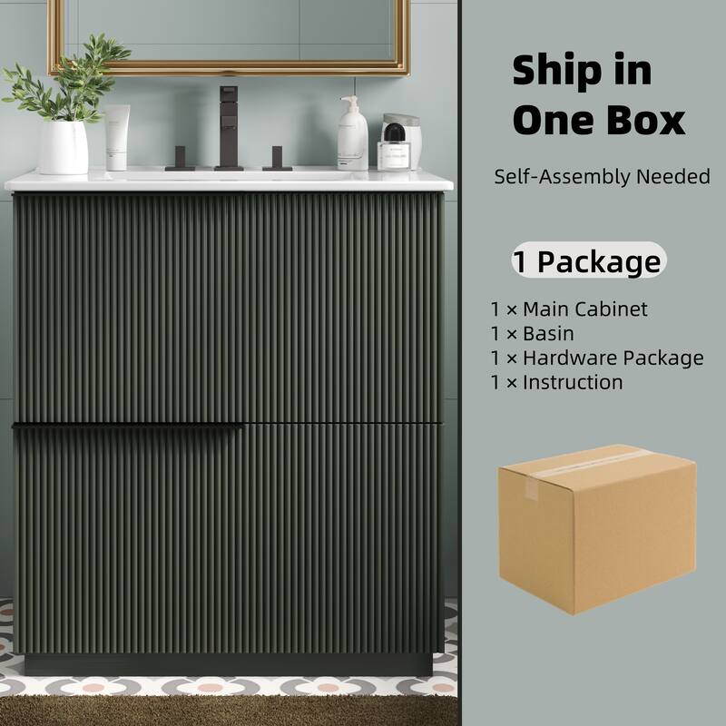 30" Bathroom Vanity with Ceramic Sink and Full-Extension Drawers, Soft Close Undermount Drawer Slides, Fluted Design, Natural