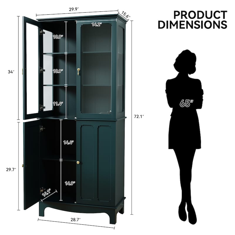 72" Freestanding Kitchen Pantry with Glass Doors