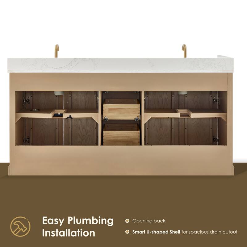 Barnett Bathroom Vanity in Natural Oak with Grain White Engineered Stone Countertop No Mirror