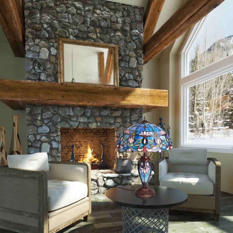 Winslow River of Goods Victorian Double Lit Stained Glass Dome Shade 24.5-Inch Table Lamp - 17.25" x 17.25" x 24.5"