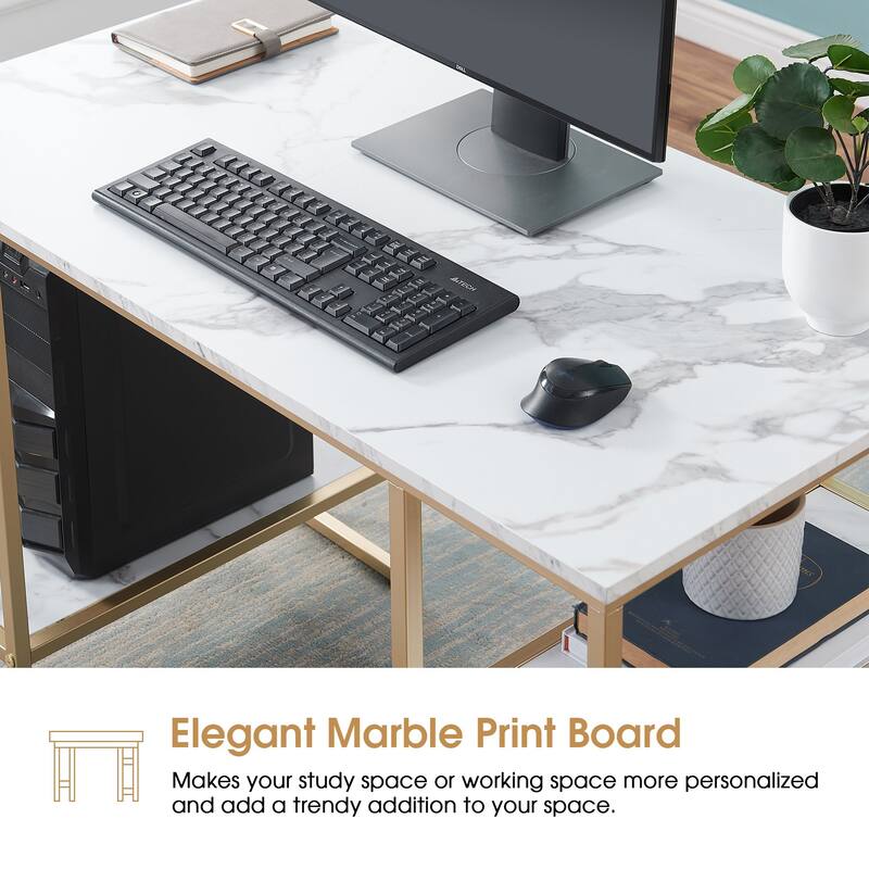 MCombo Computer Gaming Desk Office Desk with 3-Tier Shelves, Marble Finish