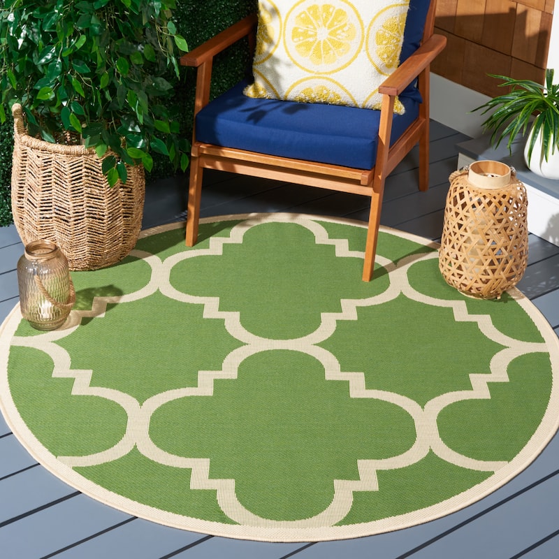 SAFAVIEH Courtyard Hafiza Indoor/ Outdoor Waterproof Patio Backyard Rug - 5'3" Round - Green/Beige