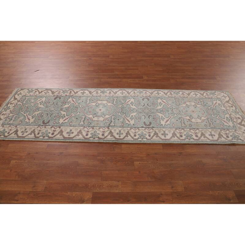 Turquoise Green Oushak Indian Runner Rug Hand-Knotted Wool Carpet - 2'8"x 8'5"