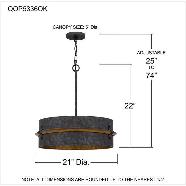 Lariat 3-Light Old Black Drum Pendant Light with Wooden Trim