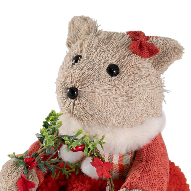 Woodland Girl Bear Holding Wreath Christmas Figure - 10"