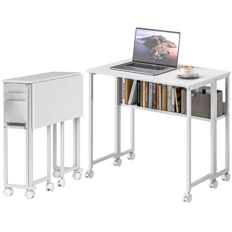 Mobile Foldable Desk with Storage Shelf and Drop-Leaf Design for Narrow Spaces and Home or Office - White