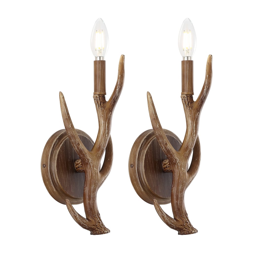 Oakley 5.5" 1-Light Southwestern Bohemian Resin/Iron Faux Antler LED Sconce, Brown Wood Finish (Set of 2) by JONATHAN Y