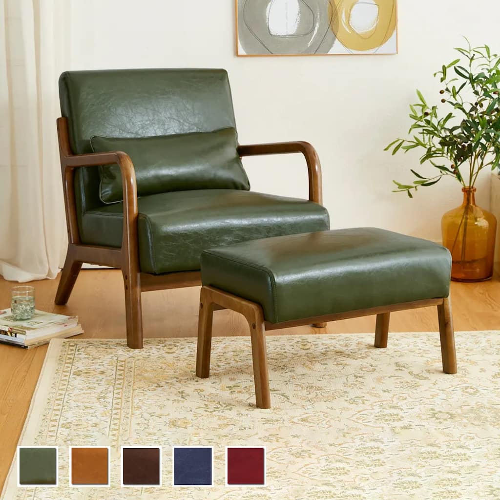 Glitzhome 30.75"H Mid-Century PU Leather Armchair with Ottoman Set