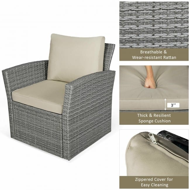 4 Pieces Patio Rattan Furniture Set Sofa Table with Storage Shelf Cushion - 48.5" x 26.5" x 30" (L x W x H)