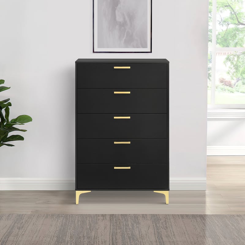 Lif 50 Inch Modern 5 Drawer Tall Dresser Chest, Gold Accents, Smooth Black