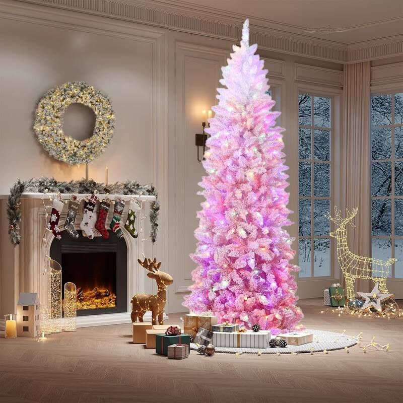 6FT Purple Gradient Pencil Christmas Tree – Prelit with 100 Dual Color LEDs, Snow Flocked, 320 Branch Tips,Metal Stand