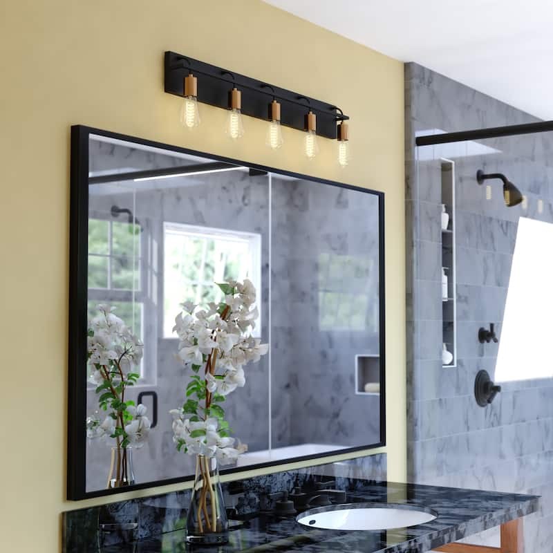 Seward Park 5-Light 36 in. W Black and Satin Brass Gold Bare Bulb Industrial Bathroom Vanity Lighting Fixture, Full Backplate